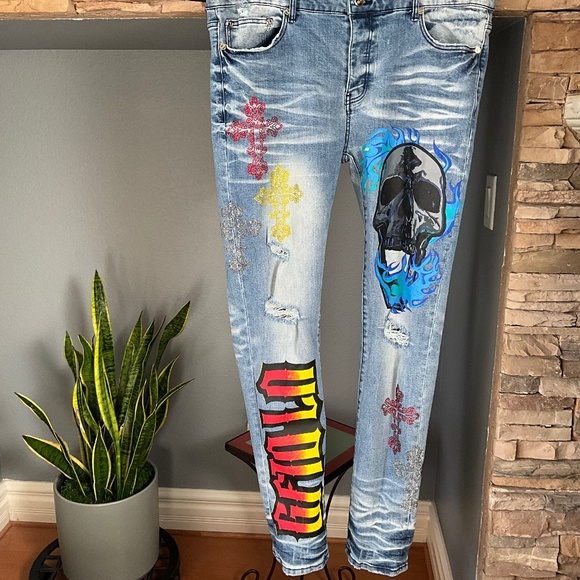 GFTD LA LONZO Men 40x32 Grunge Streetwear Skull Cross Alt Distressed Jeans Blue - Picture 2 of 12